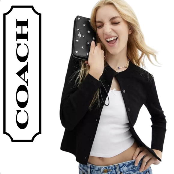 COACH Smooth Black Leather Silver Star Print Zip Around Wristlet Wallet - Picture 3 of 9